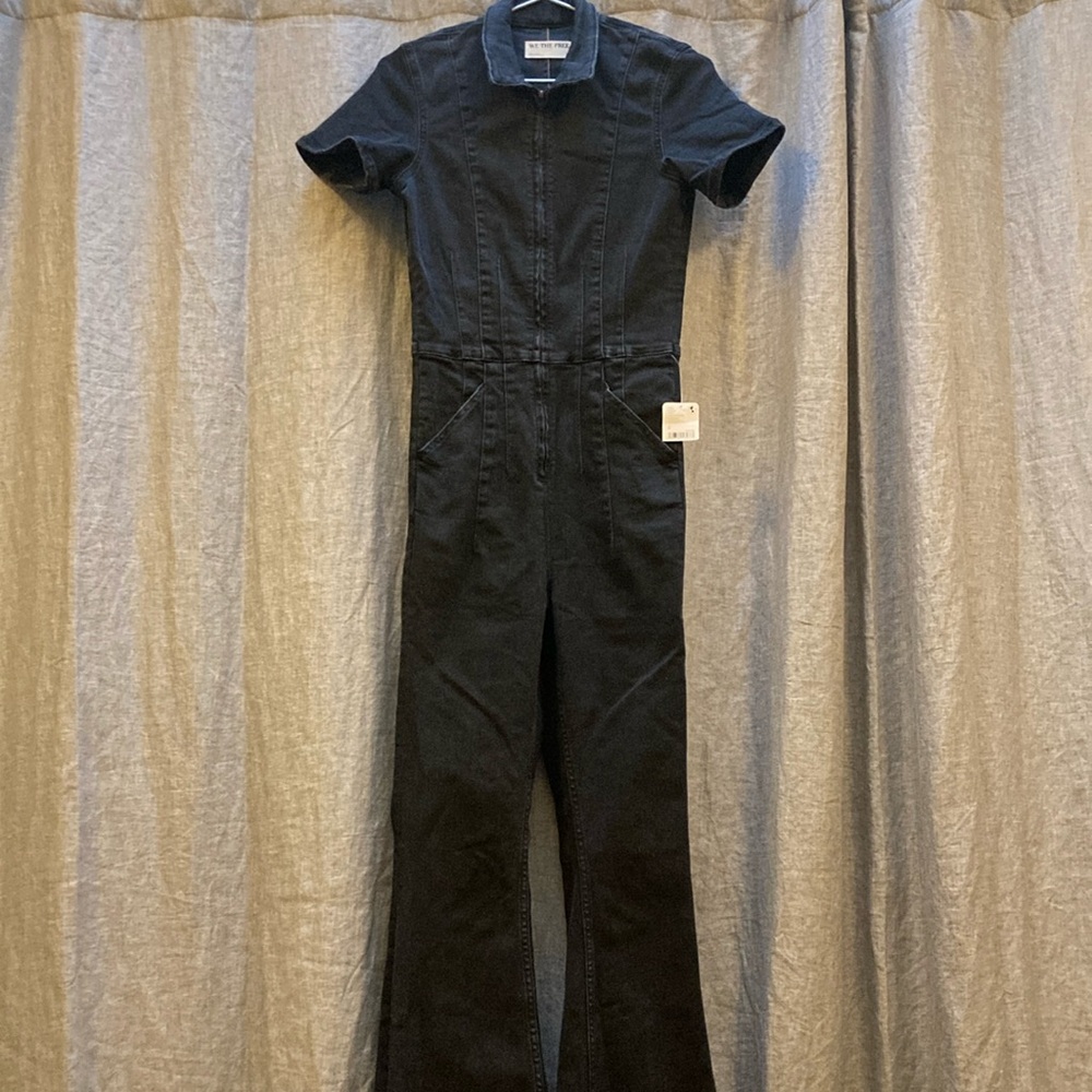 We The Free Black Jumpsuit with Fitted Silhouette and Collared Neckline